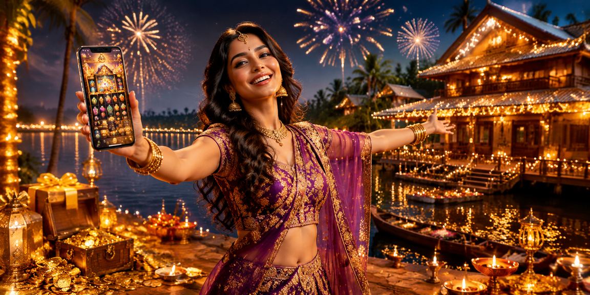 Woman playing mobile slots during Diwali festival celebrations in Kerala